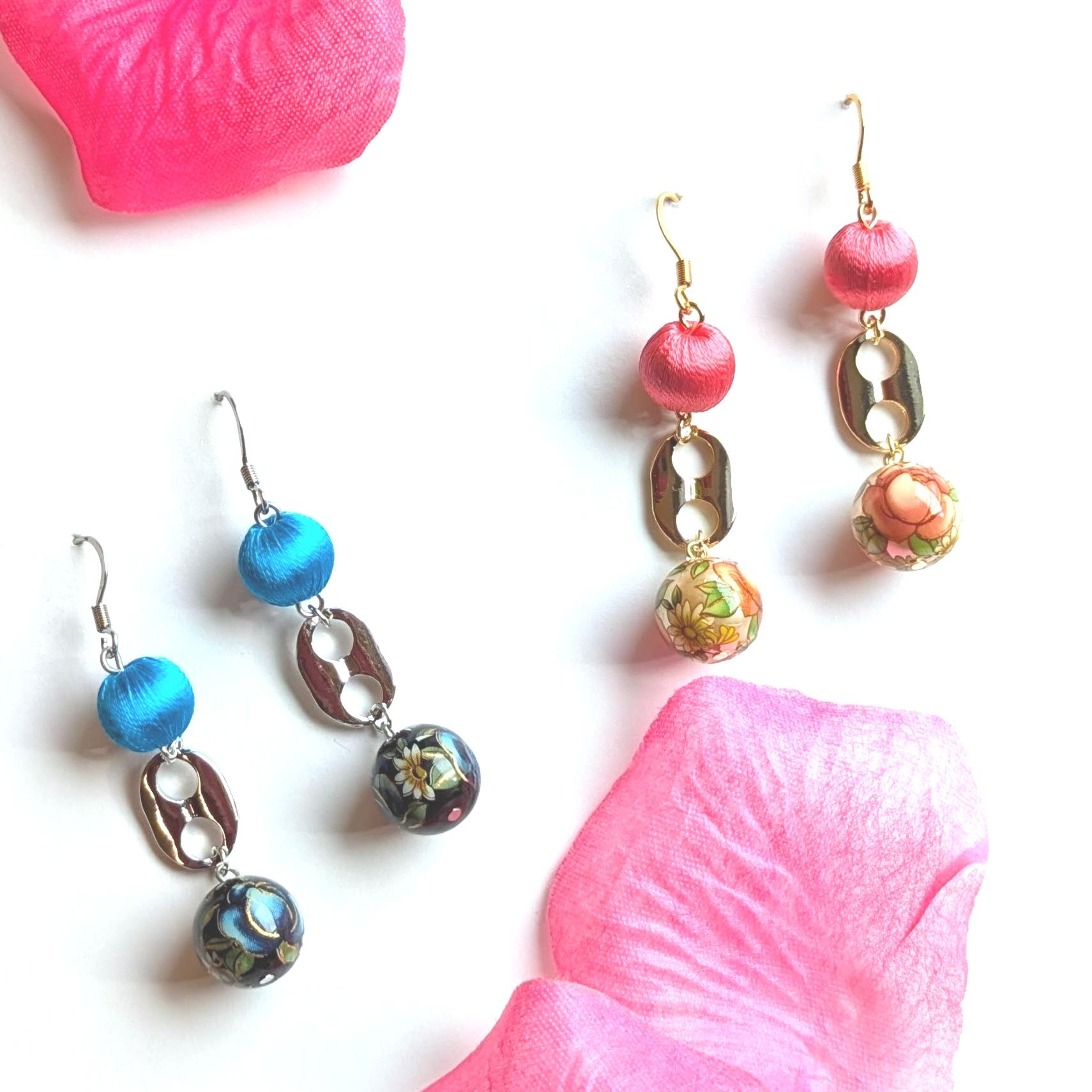 ピアス レディース 絹色巻玉と転写ビーズピアス（花） 金具交換可
